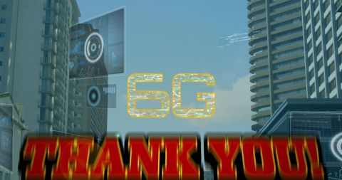 Futuristic 6g technology over cityscape with thank you message