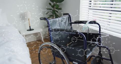 Empty wheelchair with chemical formulas conceptualizing medical research