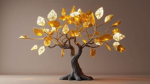 Stunning golden polygonal leaf tree sculpture glowing in studio