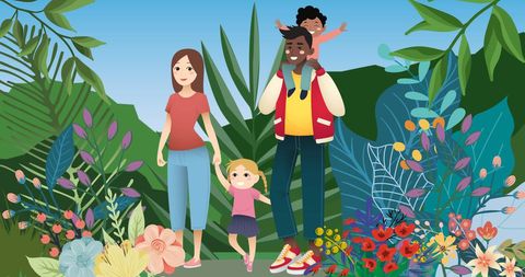 Happy Family Strolling in Lush Jungle Setting