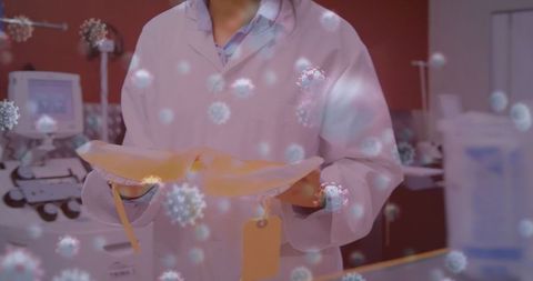 Scientist analyzing blood plasma donations with digital virus visualization