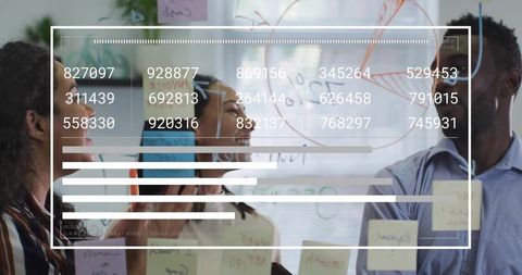 Diverse business team brainstorming at glass board with sticky notes and data overlay
