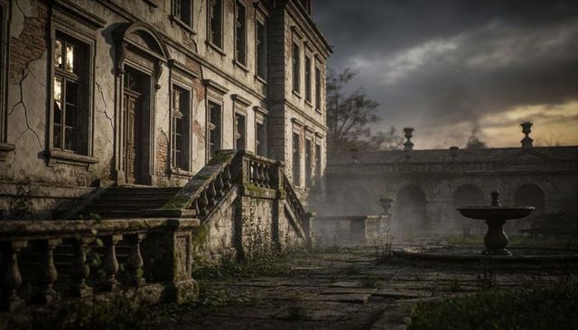 Abandoned stone manor courtyard at dusk with moss-covered fountain and cracked staircase