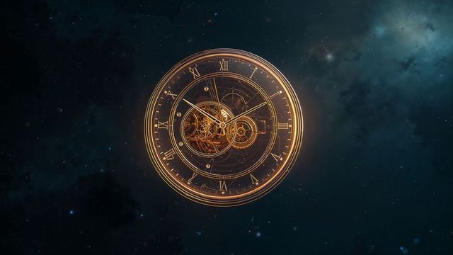 Golden clock face with roman numerals in deep space