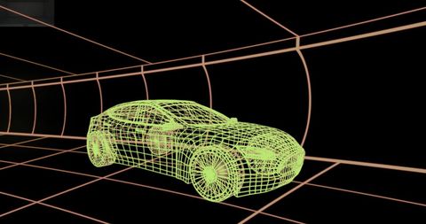 3D Wireframe Car Model in Grid Tunnel with Black Background