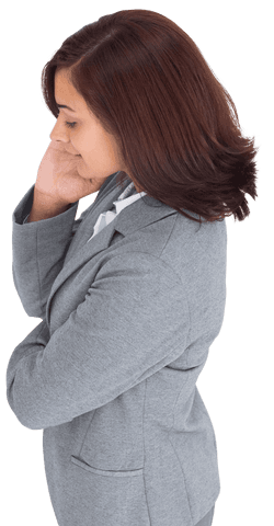 Smiling Hispanic Businesswoman Looking Down on Transparent Background