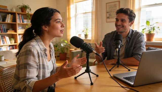 Couple recording podcast at home using microphones and laptop for casual conversation
