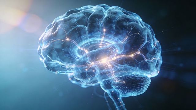 Translucent brain floating, illuminating neural networks and glowing synapses, 3d render