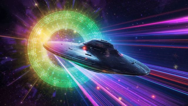 Disc-shaped spaceship entering vibrant energy portal in space