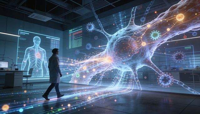 Scientist exploring giant holographic neuron with data streams in high-tech lab