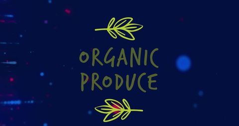 Organic produce label with artistic icons on dark background