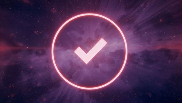 Neon checkmark with cosmic purple nebula background