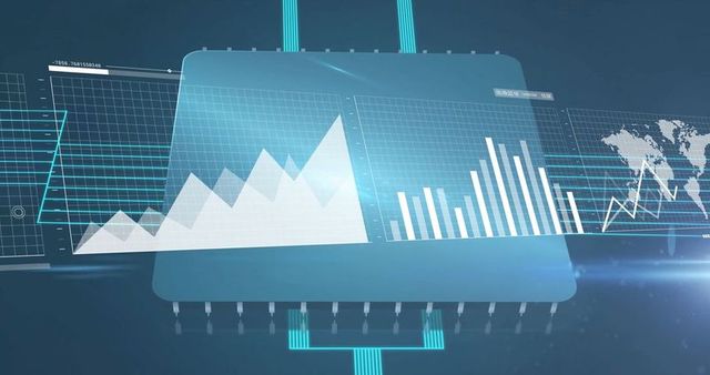 Futuristic Digital Interface with Holographic Charts on Microchip