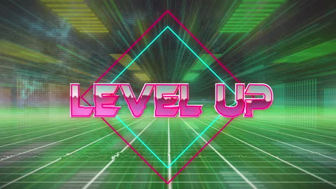 Retro Level Up Animation with Green Digital Grid