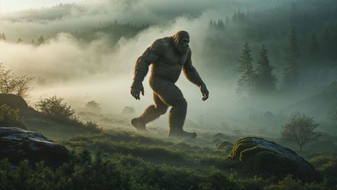 Mysterious sasquatch strolling through misty forest at dawn