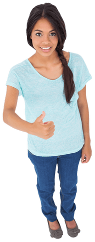 Smiling Woman in Blue Giving Thumbs Up Isolated on Transparent Background