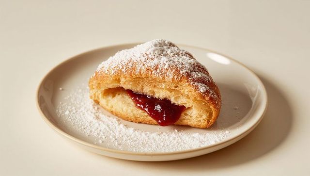 Jam-filled croissant crescent oozing berry jam with powdered sugar on beige plate