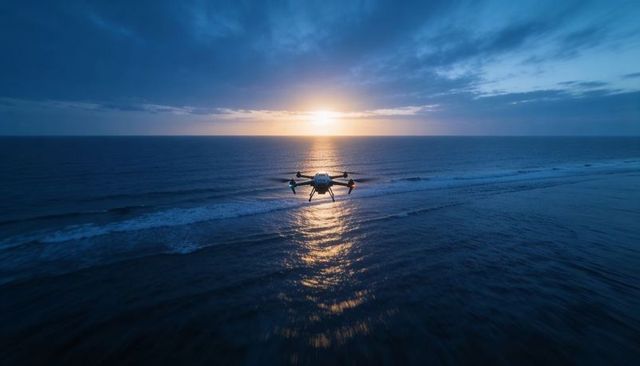 Quadcopter drone gliding over ocean at sunset with glowing reflection and silhouette