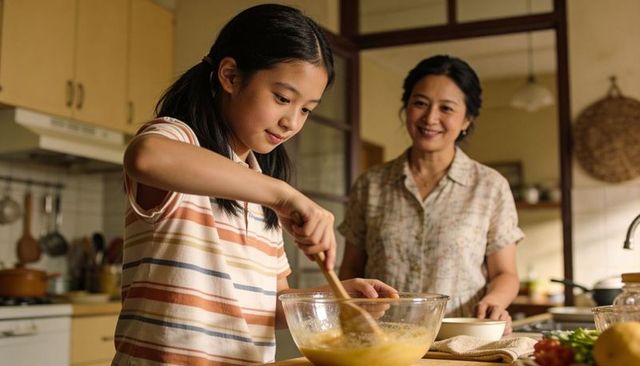 Young girl stirring batter in glass bowl while caregiver watches in cozy kitchen