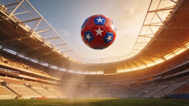 Floating red blue star soccer ball over backlit stadium at golden hour sports promotion
