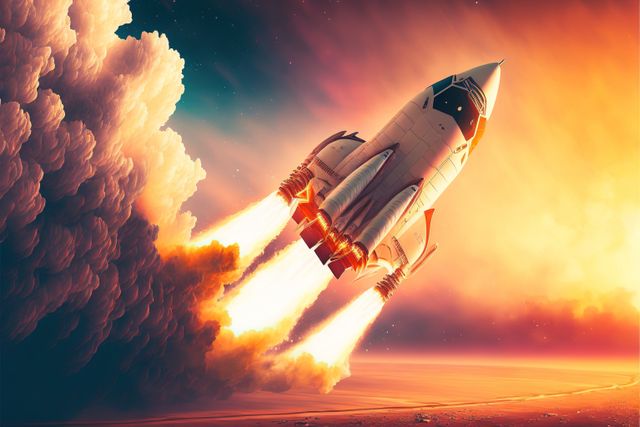 This image depicts a futuristic space shuttle taking off into space with vibrant flames and dramatic clouds in the background. Ideal for use in science fiction content, technology blogs, educational material on space exploration, and innovation presentations. Perfect for expressing themes of adventure, progress, and innovation in aerospace industries.
