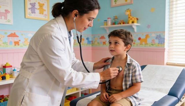 Pediatrician listening to young boy's chest with stethoscope in friendly colorful exam room