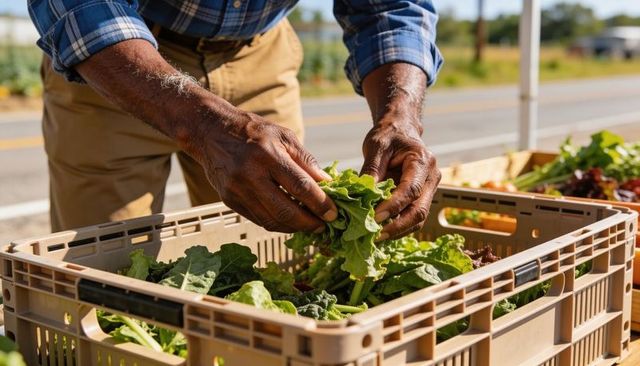 Farmer sorting fresh leafy greens at roadside market stall, hands arranging produce under sunlight