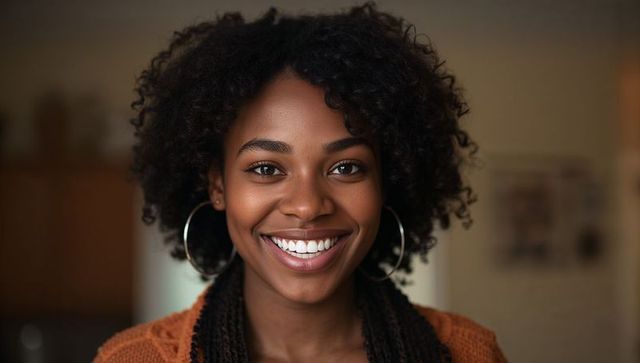 Smiling Woman With Curly Hair In Cozy Living Room