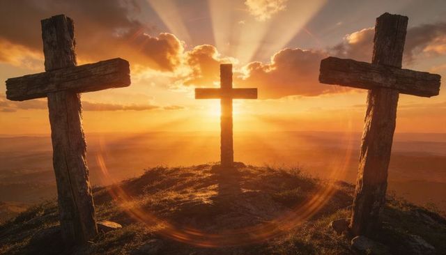 Three weathered wooden crosses at sunrise on hilltop with radiant sunbeams and golden glow