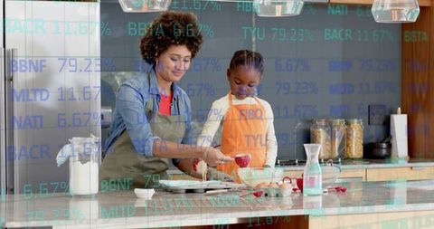 Parent and child baking on marble kitchen island with financial ticker overlay, teamwork