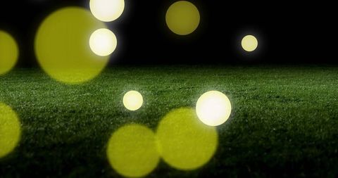 Glowing orbs hovering above dew-kissed grass at night with soft bokeh light halos