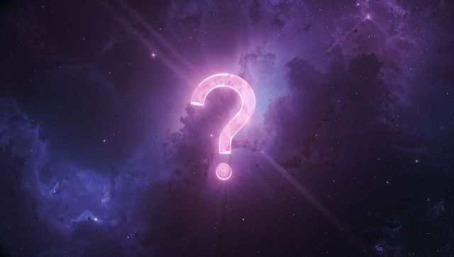 Glowing neon question mark in mystical space nebula