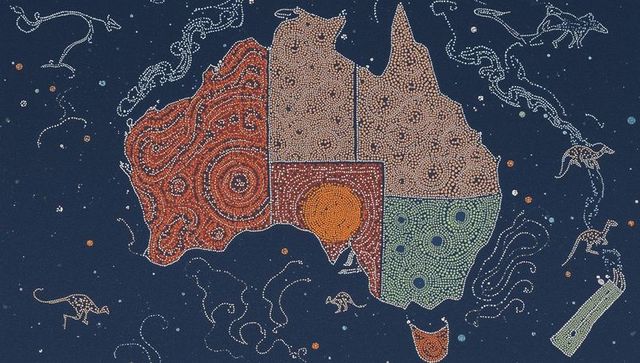 Dot art map of australia with wildlife motifs
