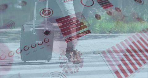 Woman Traveling with Suitcase Amid Coronavirus Statistics Overlay