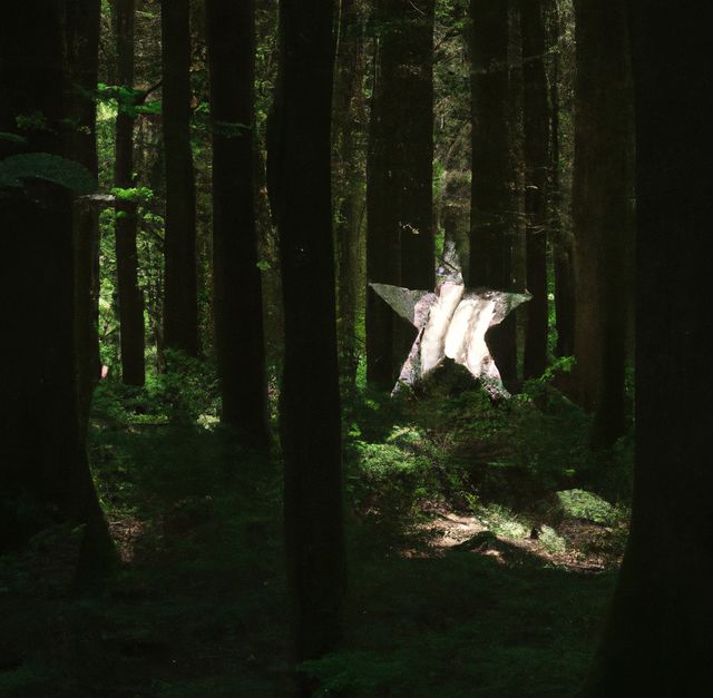 Image of silver five arm star amongst trees in forest. Christmas, shooting star and nature concept.