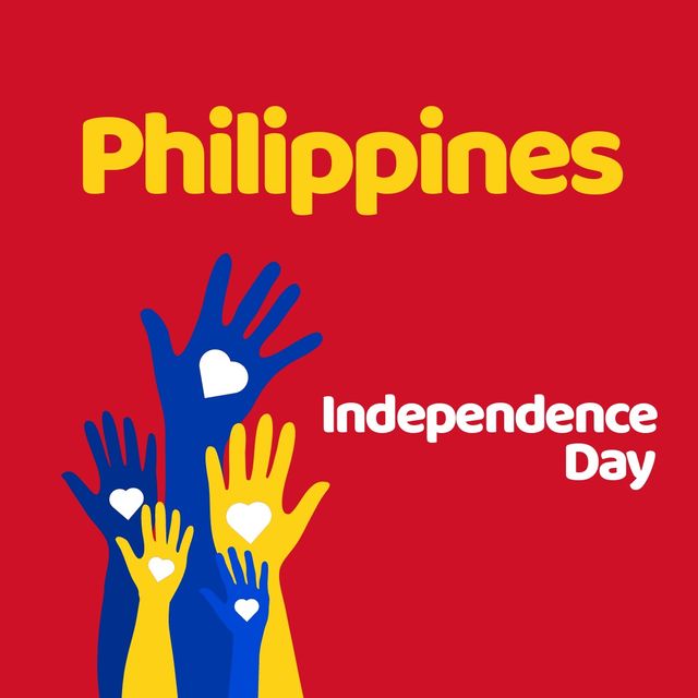 Philippines independence day text by blue and yellow hands with heart shapes on red background. digital composite, patriotism and identity concept.