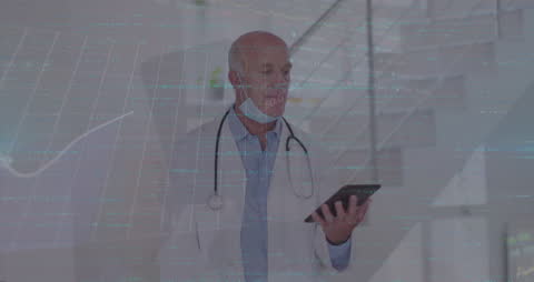 Caucasian Doctor Analyzing Data on Tablet with Digital Overlay
