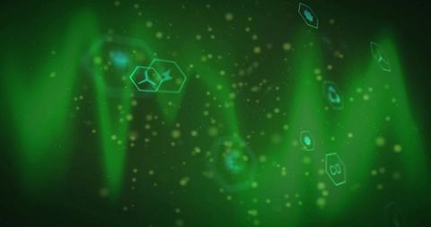 Glowing Emerald Aurora with Floating Hex Icons in Futuristic Data Visualization Scene