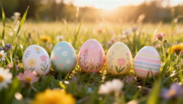 Pastel Floral Easter Eggs Lined on Meadow Grass during Golden Hour with Soft Wild Daisies