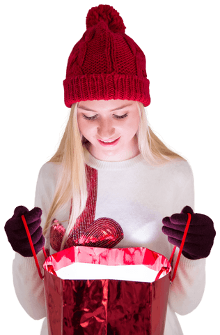 Transparent Cheerful Woman Open Gift Bag With Holiday Excitement