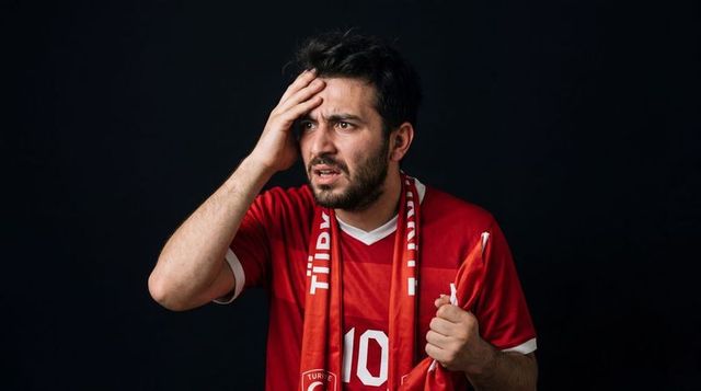 Stunned football fan pressing forehead, holding scarf and flag, reacting to game shock