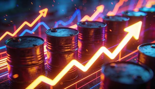 Neon arrows indicating rising oil prices over glossy metal barrels on reflective grid