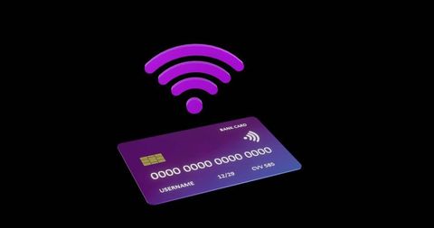 Floating purple-blue contactless credit card with emv chip and glowing nfc waves modern