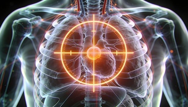 Holographic heart targeting showing transparent thorax for cardiac diagnostics