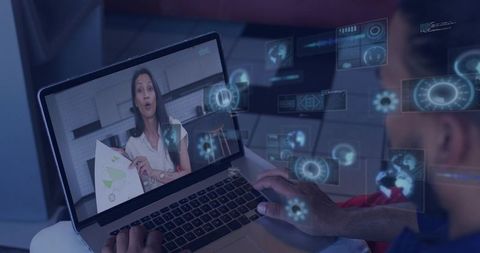 Remote collaboration with AR dashboards showing virtual analytics presentation on laptop