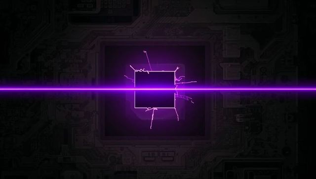 Pulsing magenta microchip emitting neon beam across circuit board with electrical arcs