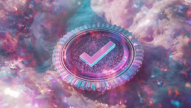 Glittering Token with Check Symbol in Digital Dreamscape