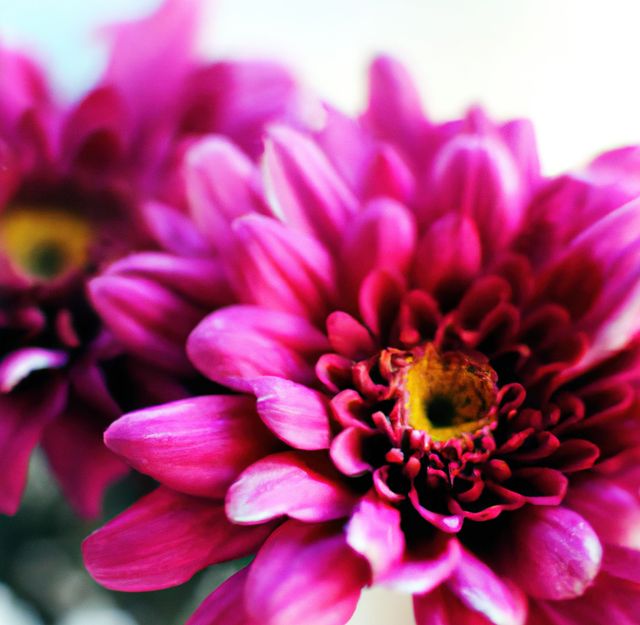 Close up of pink chrysanthemums with multiple petals on white background. Flowers, nature and harmony concept.