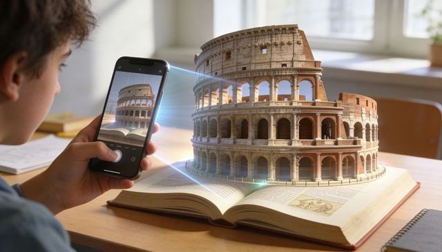 Child projecting roman colosseum hologram from open book using smartphone for learning