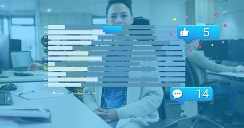 Social Media Metrics Overlay on Caucasian Businesswoman in Office